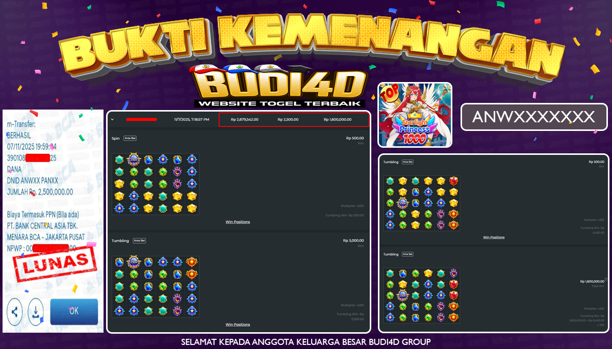 BUDI4D JACKPOT USER ID : ANW**** SLOT PRAGMATIC PLAY ( Starlight Princess 1000 ) Rp.2.500.000,- LUNAS